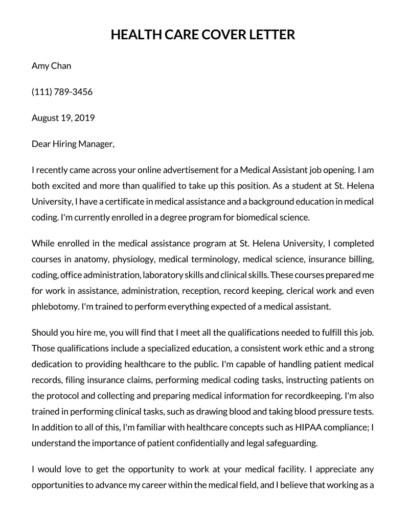 Professional Printable Health Care Cover Letter Sample for Word File
