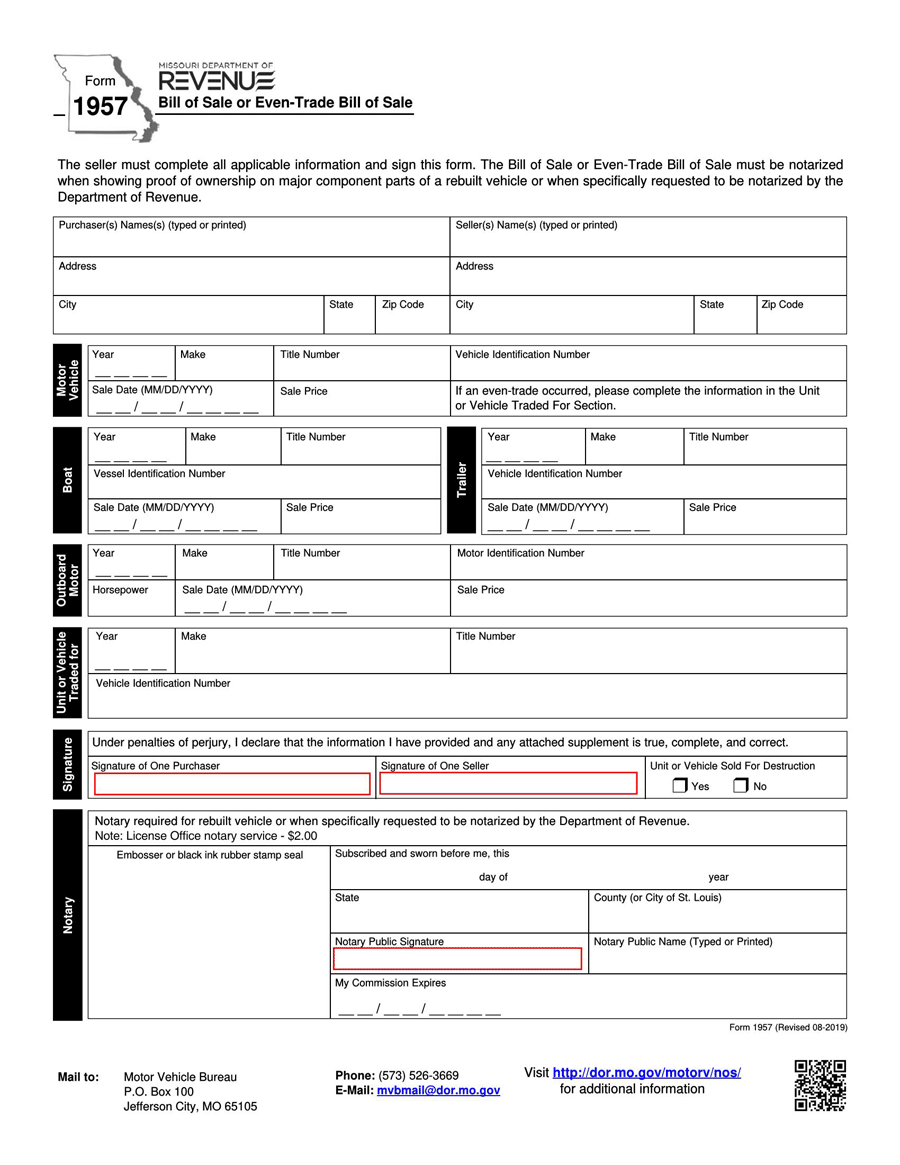 Printable Missouri Car Bill of Sale Form 03 in PDF