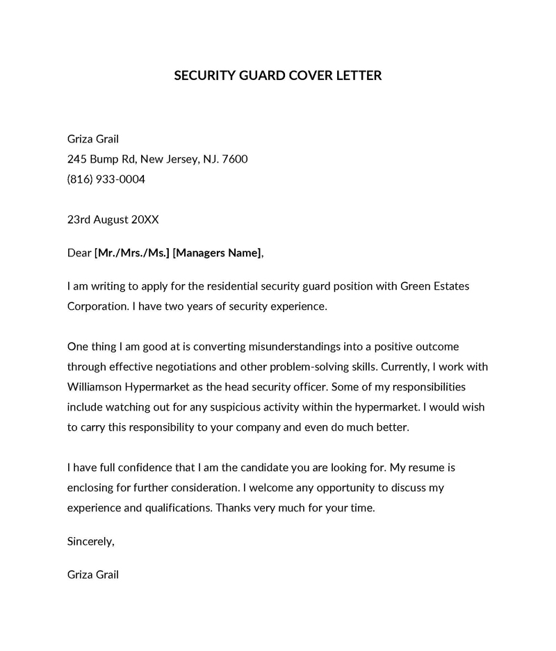 security guard cover letter example