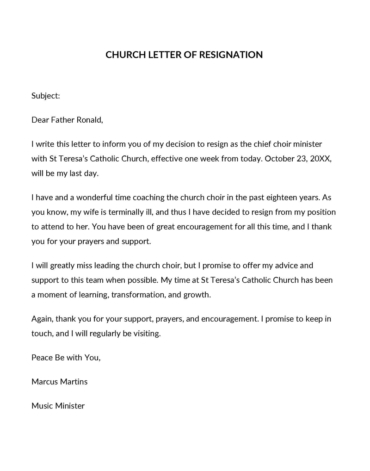 Church Resignation Letter Samples (Religious Group)