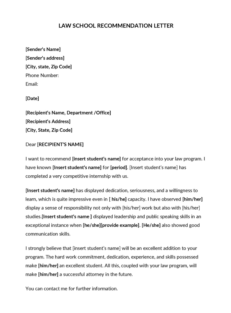Printable Law School Letter of Recommendation Template 02 for Word File