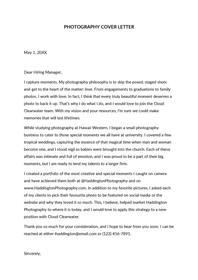 Free Photography Cover Letter Template 01 in Word Format