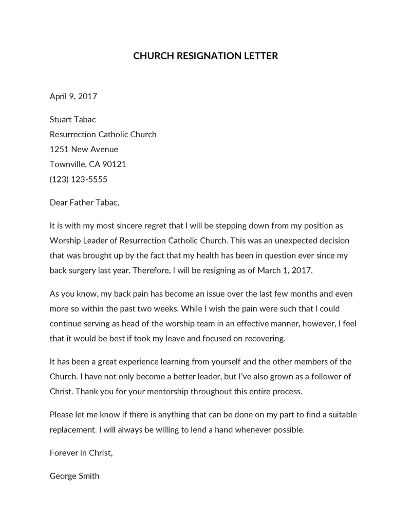Free Printable Worship Leader Church Resignation Letter Sample for Word Document
