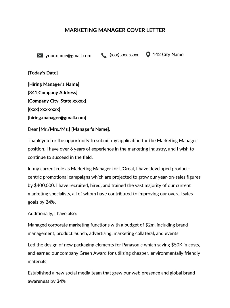 sample cover letter for a marketing position