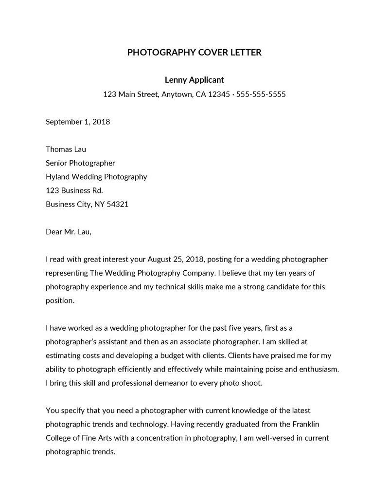 sample photography cover letter