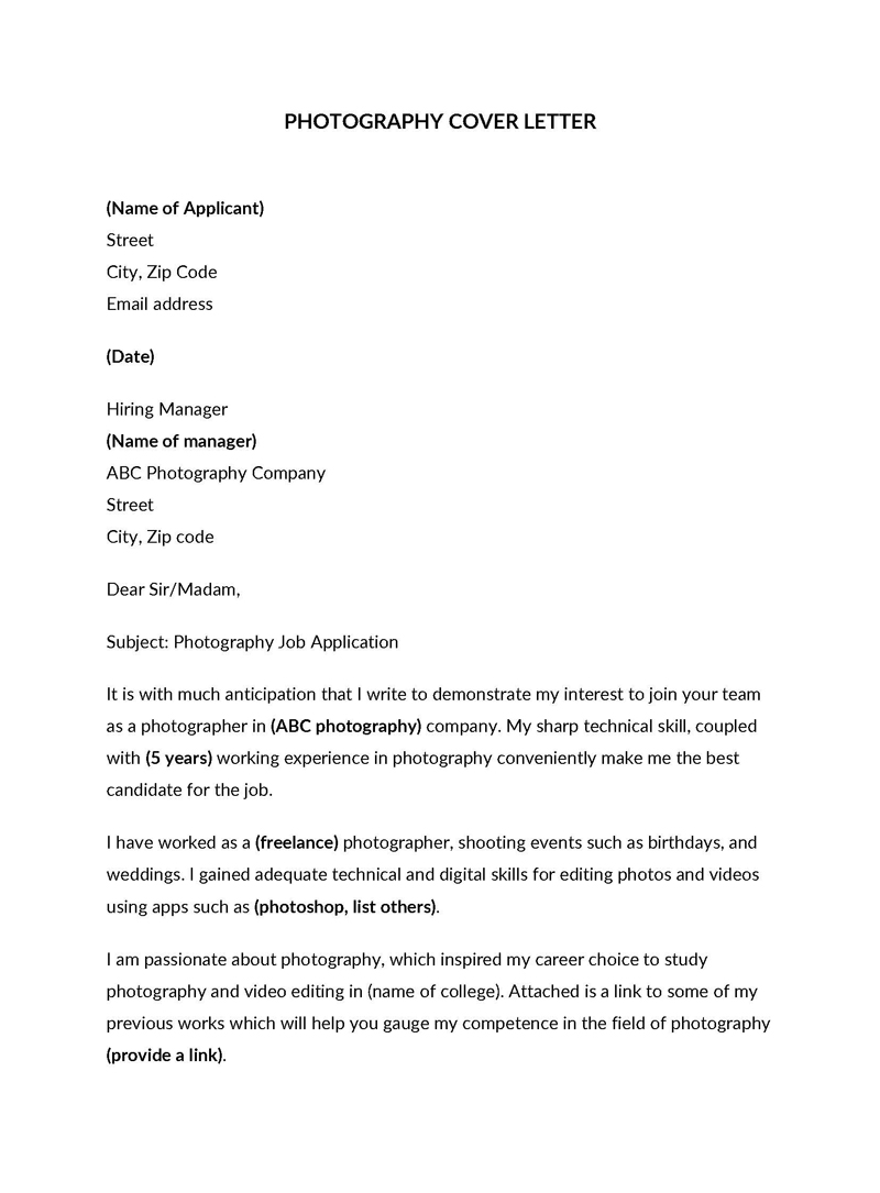Editable Photography Cover Letter Template 04 in Word Format