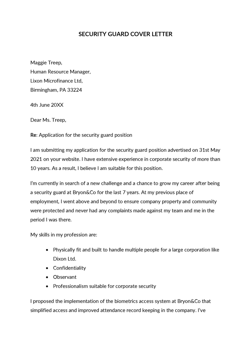 cover letter template for security guard