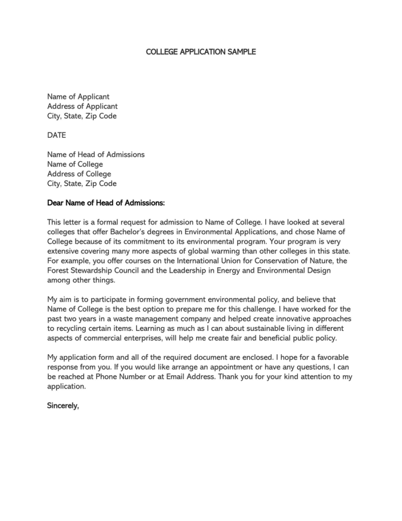 example of application letter for undergraduate