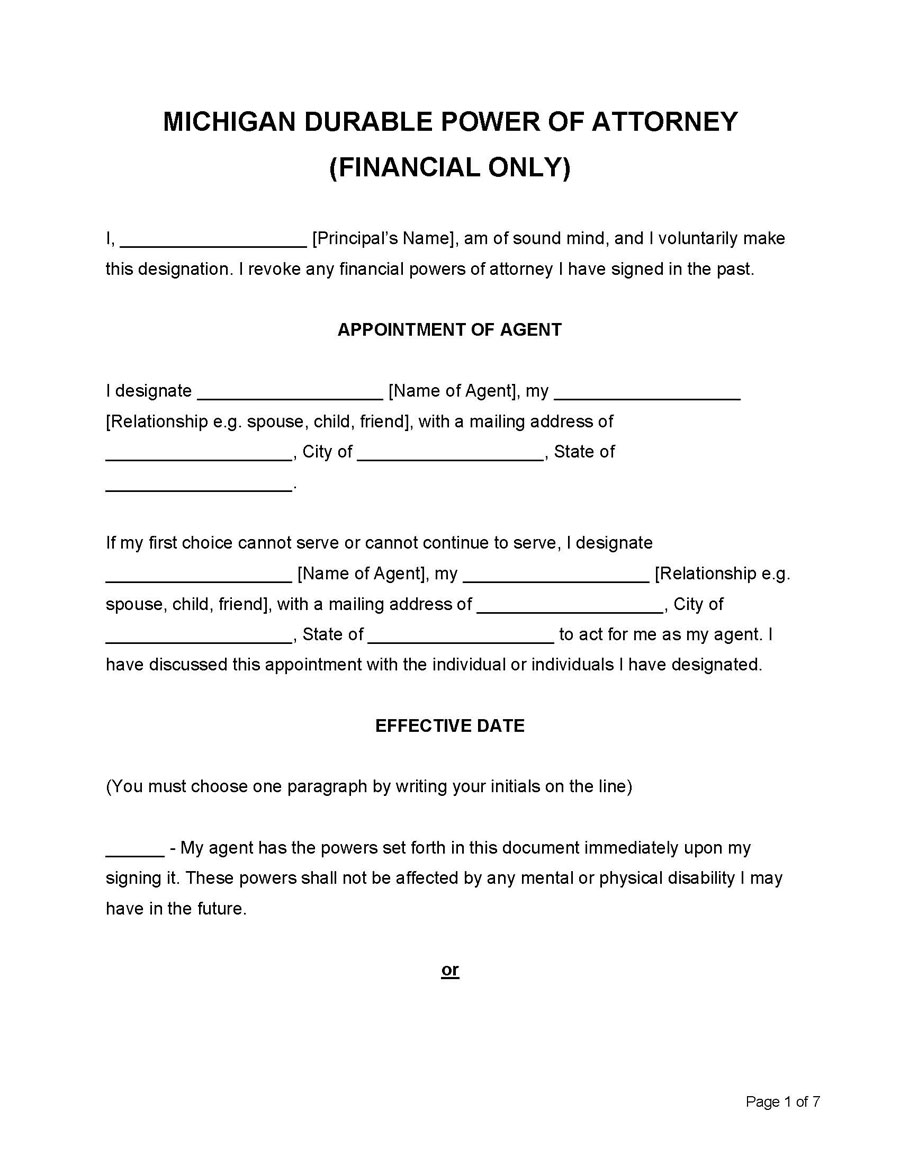 Free Downloadable Michigan Durable (Financial) Power of Attorney Form for Word Format