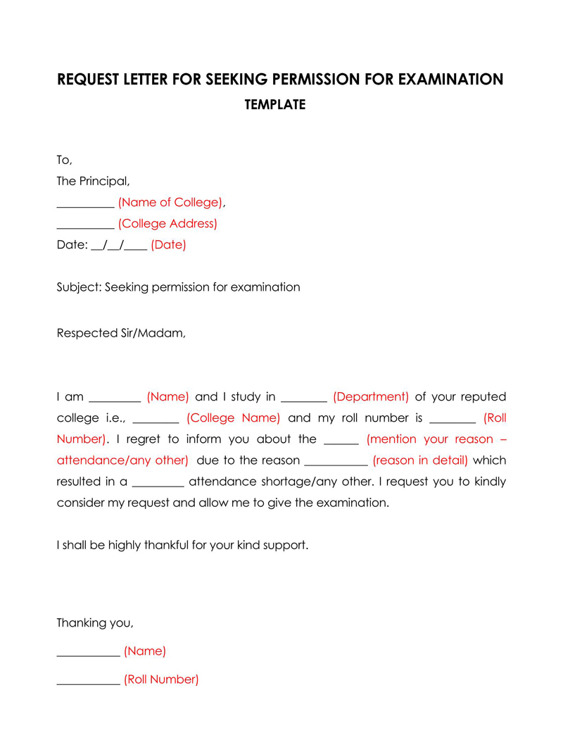 Free Request Letter for Seeking Permission for Examination Template for Word File