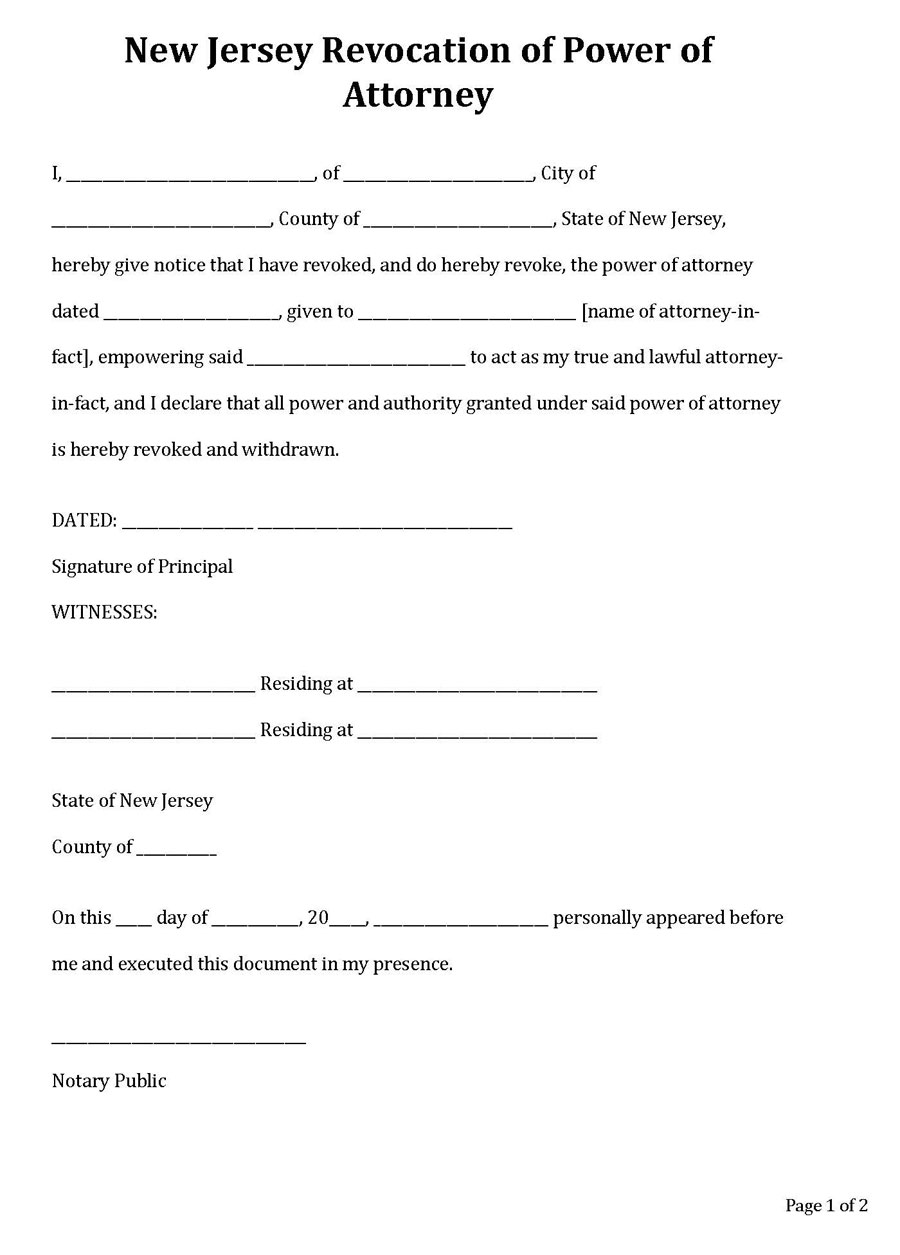 Free Downloadable New Jersey Revocation of Power of Attorney Form as Word Document