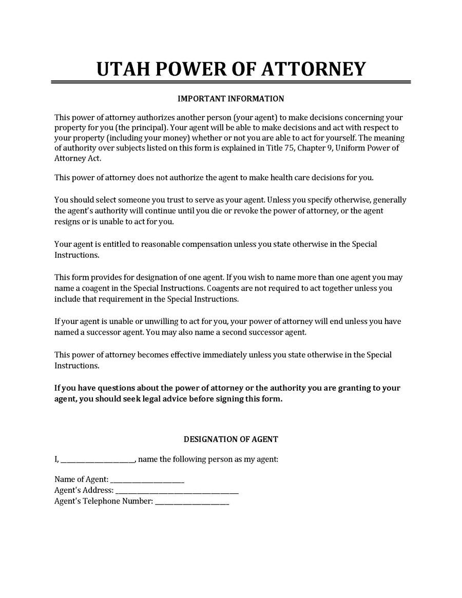 Free Downloadable Utah Power of Attorney Template as Word File