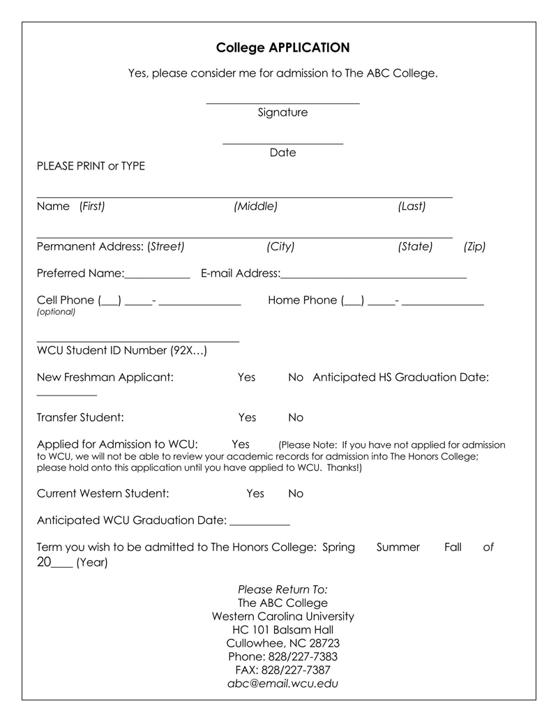 Free College Admission Form Template 01 for Word File