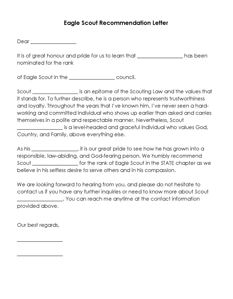 Great Customizable Eagle Scout Recommendation Letter Template 02 for Word Document