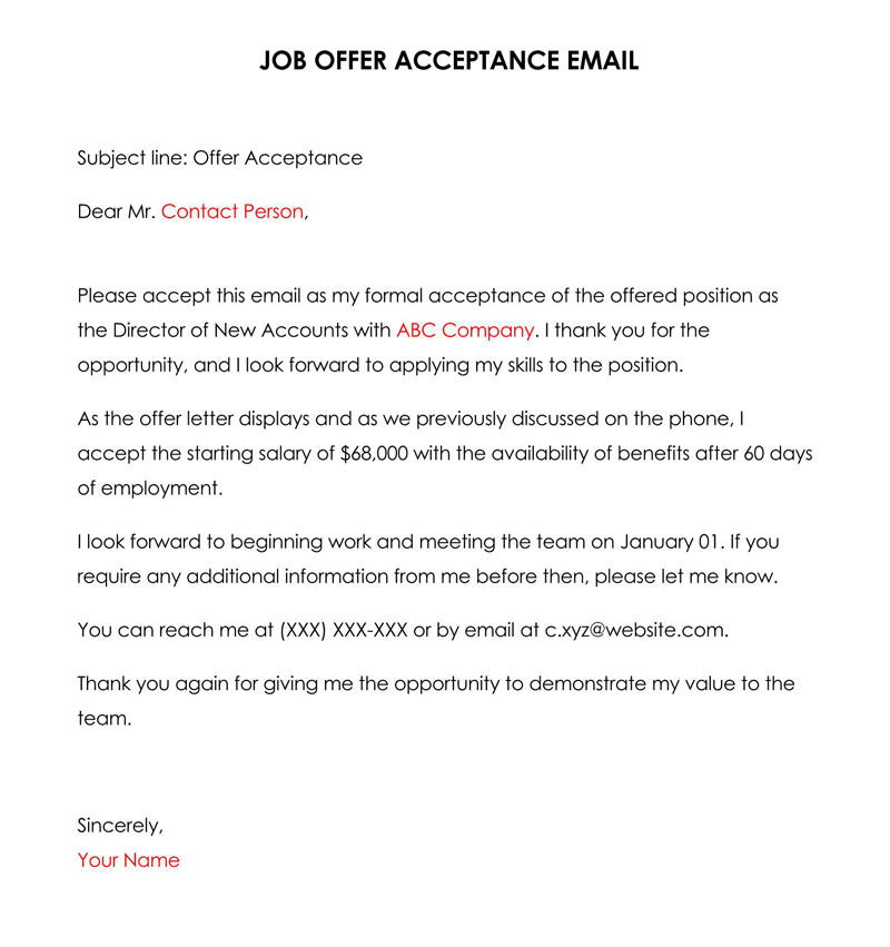 Free Editable Job Offer Acceptance Email Template 04 as Word File