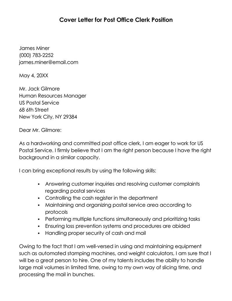 sample job application letter for clerk post