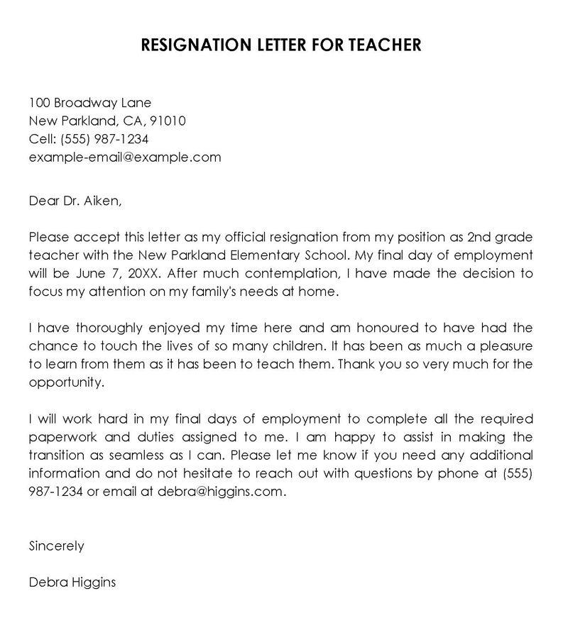 Free Printable 2nd Grade Teacher Resignation Letter Sample 02 for Word File