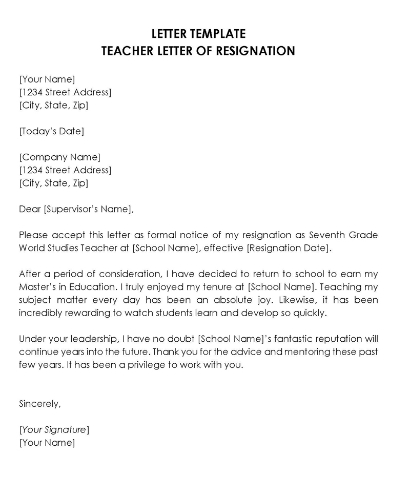 Free Printable 7th Grade Teacher Resignation Letter Sample for Word File