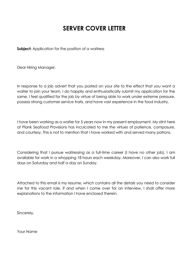 sample cover letter for resume waiter