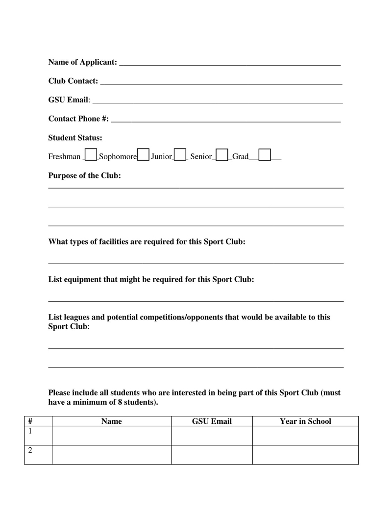 Free Editable New Sport Club Application Template as Pdf File