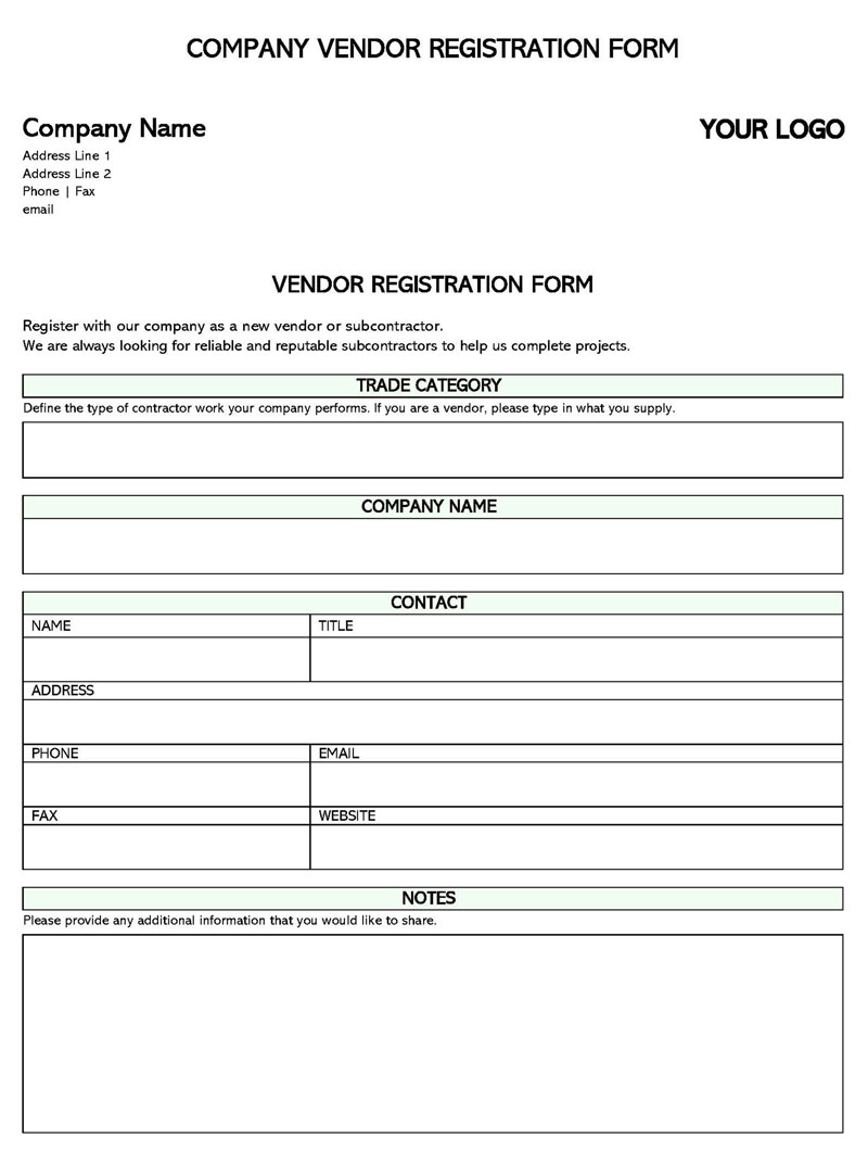 Free Vendor Registration Form Template 03 for Word File
