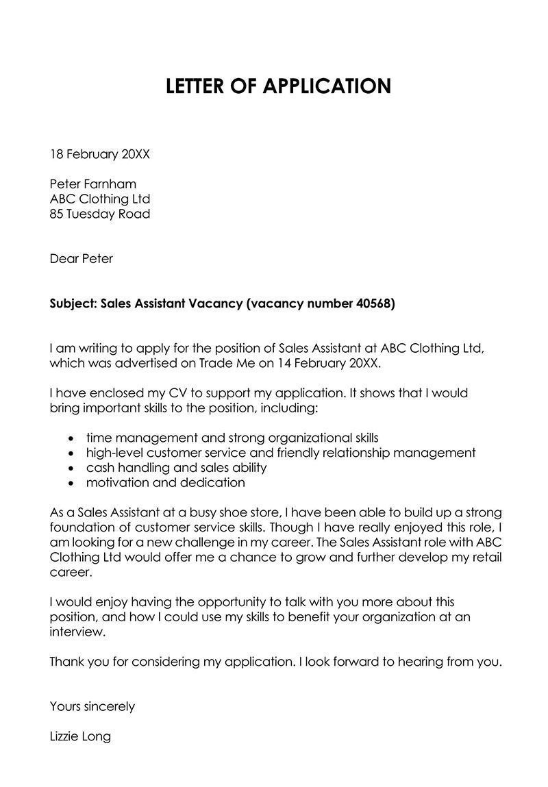 application letter for any vacancy