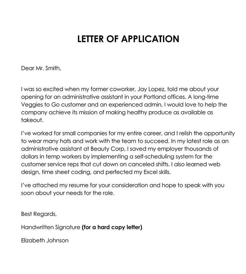 sample handwritten job application letter