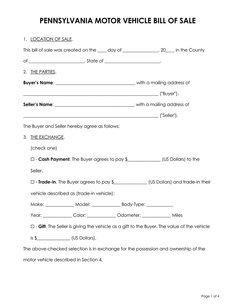 Free Pennsylvania Vehicle Bill of Sale Form 01 in Word