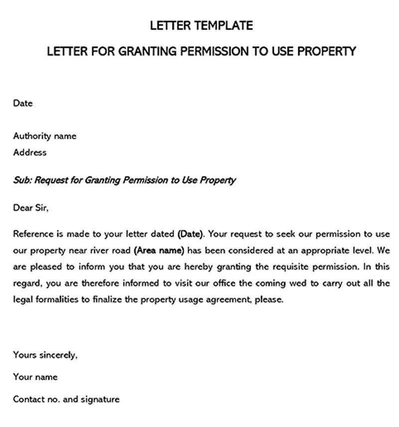 Free Printable Permission to Use Property Letter Template for Word File