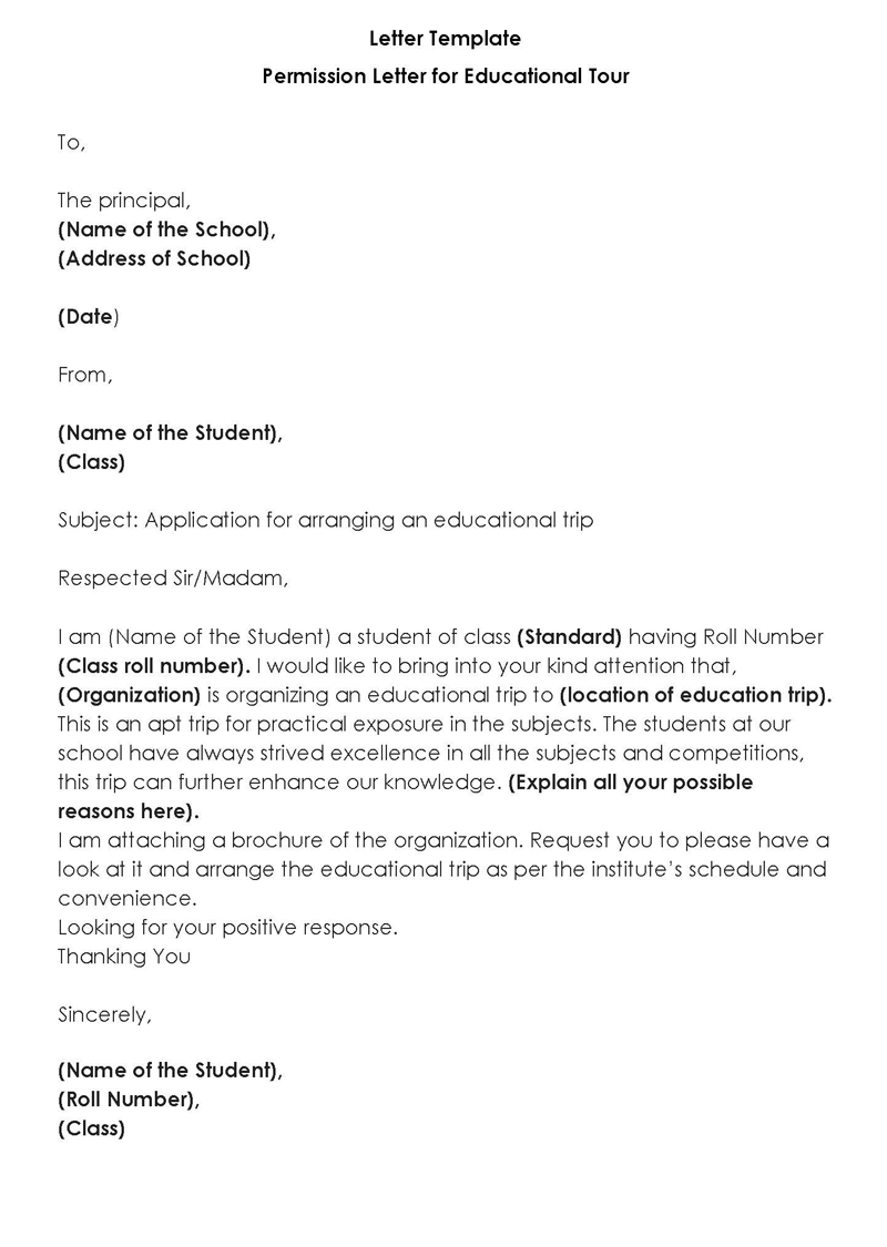 Free Editable Educational Trip Permission Letter Template 04 for Word Document