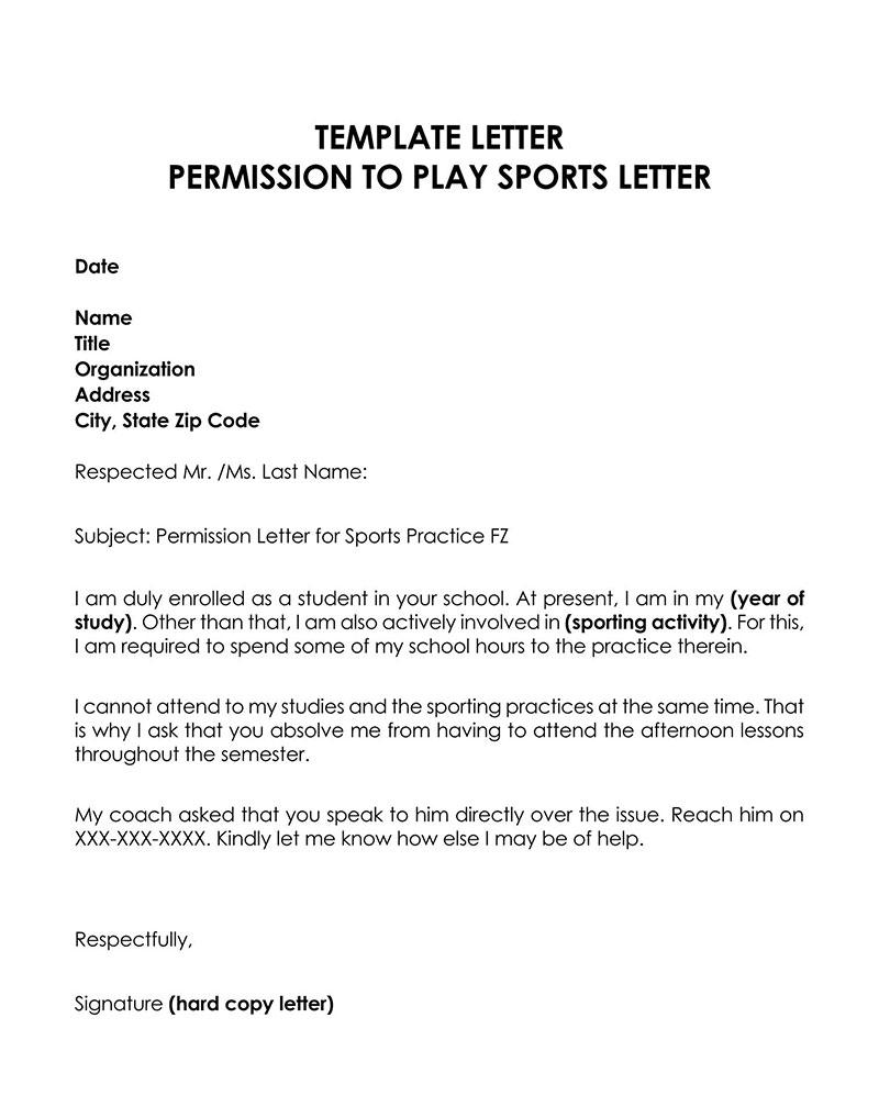 Great Printable Permission to Practice Sports Letter Template 03 for Word Document