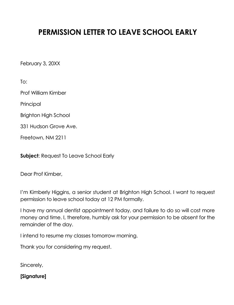 Free Printable Senior Student Permission Letter to Leave School Early Sample for Word Format