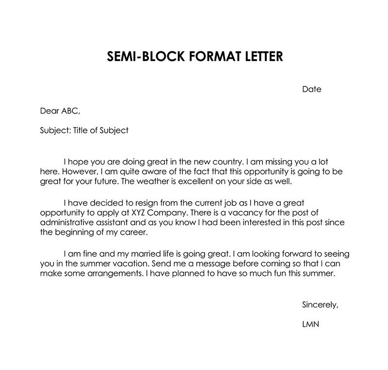 Printable Semi Block Business Letter Format 01 for Word Document