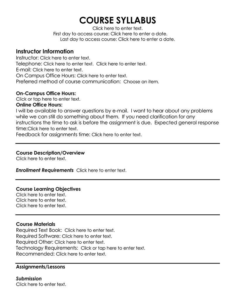 Great Editable General Course Syllabus Template 01 for Word Document