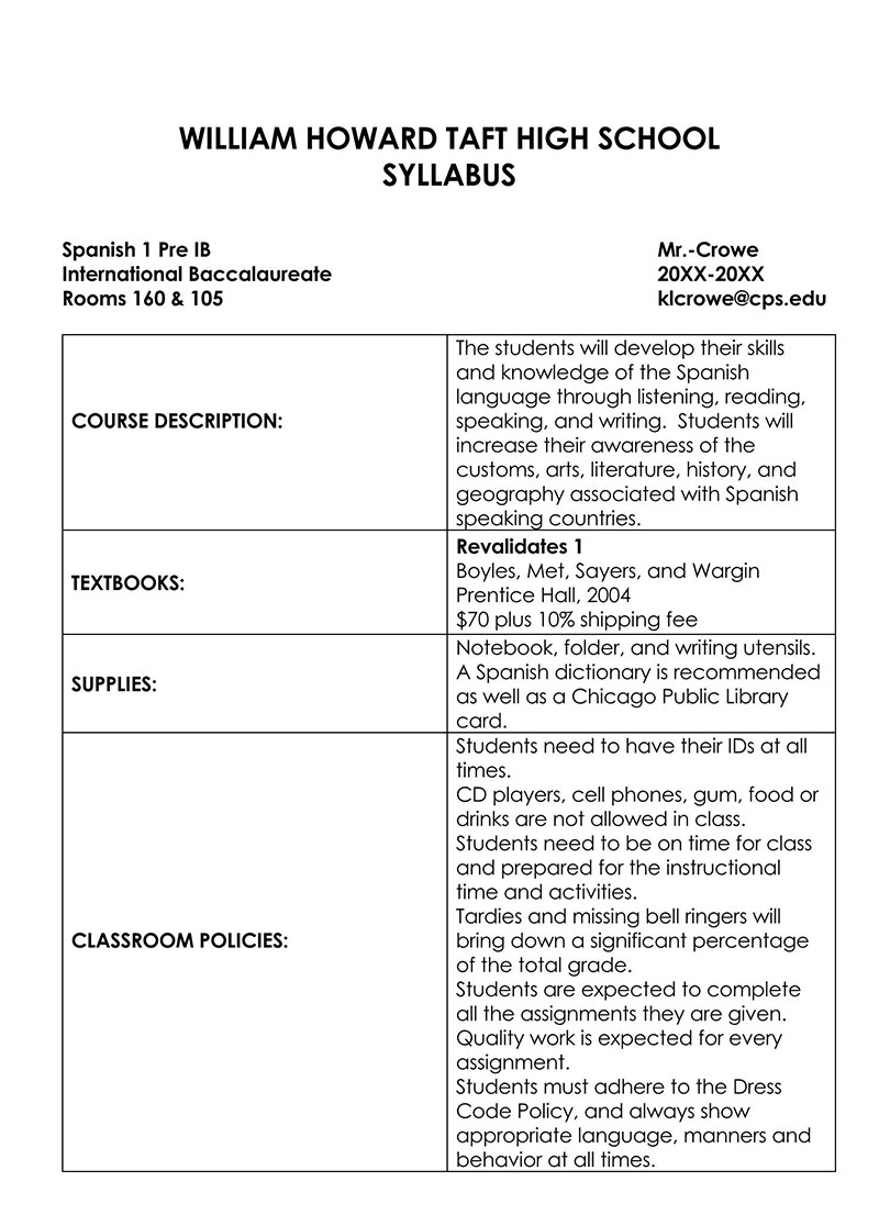 Great Professional High School Course Syllabus Sample as Word Format