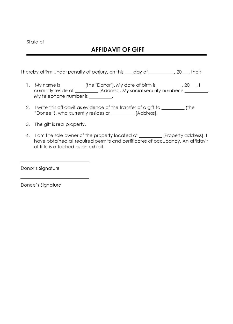 Free Comprehensive Affidavit of Gift Form for Word Format