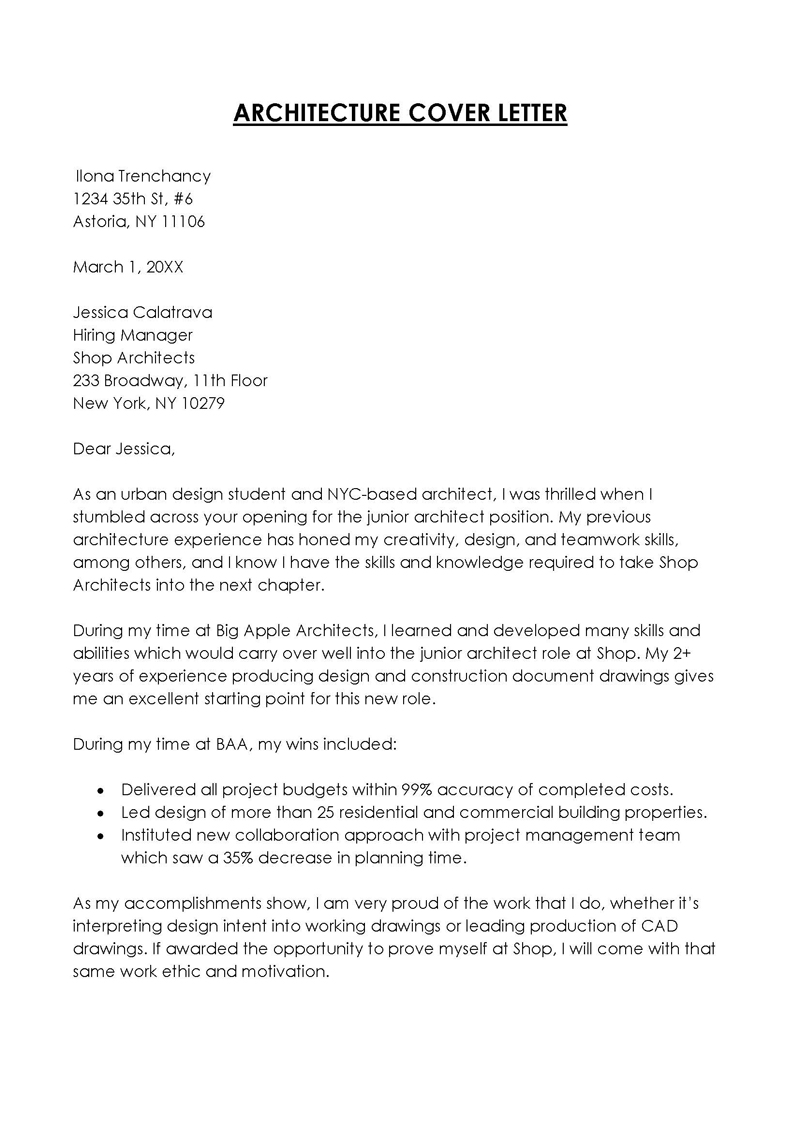 sample cover letter for architect job application
