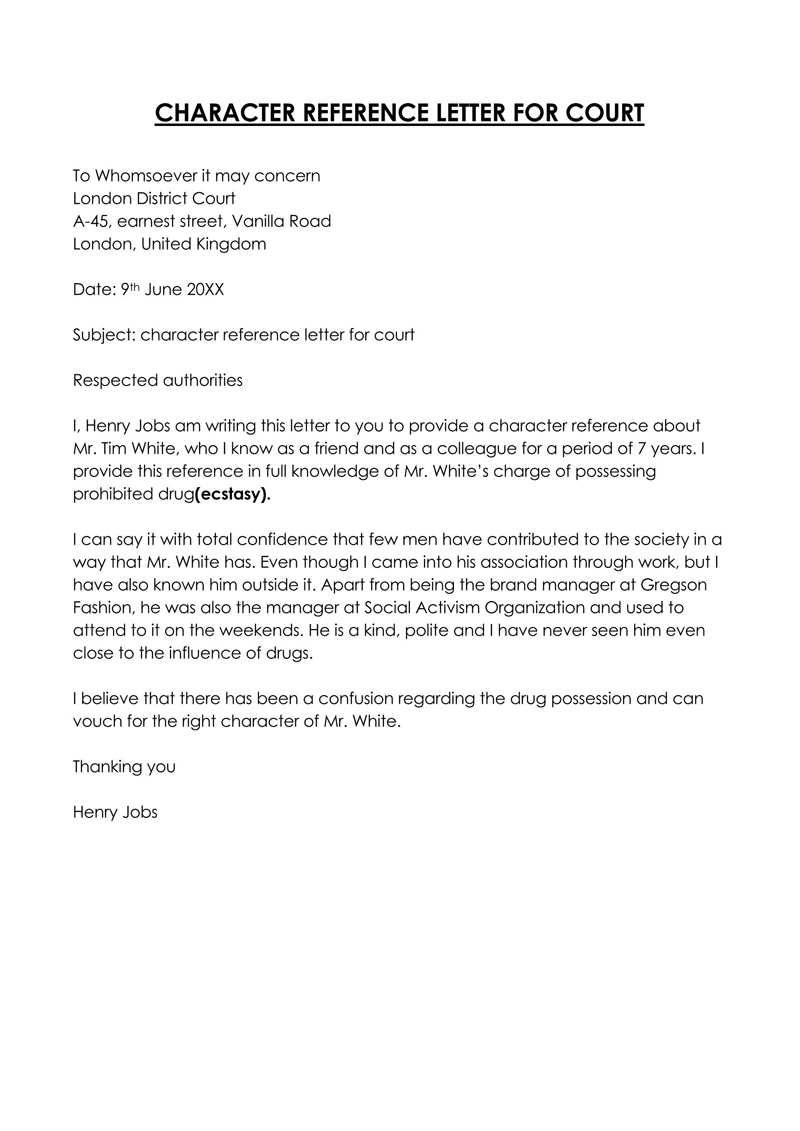 Character Reference Letter For Court From Employer