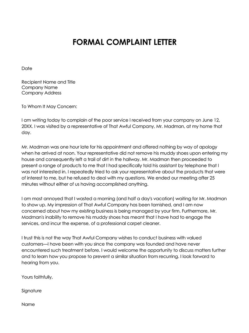 Great Printable Formal Complaint Letter Template 03 for Word File