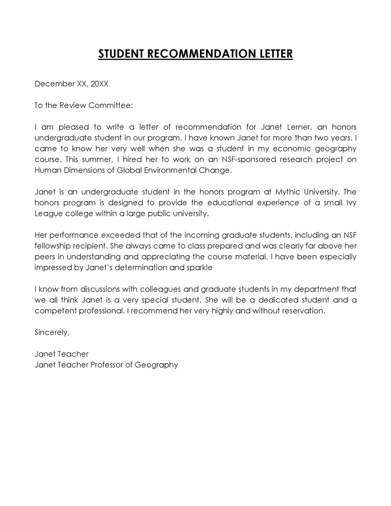 Free Undergraduate Student Recommendation Letter Sample as Word File