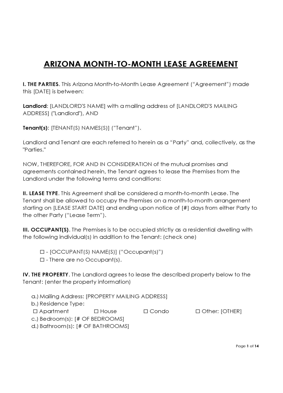 Free Editable Arizona Month-to-Month Lease Agreement Template as Word Document