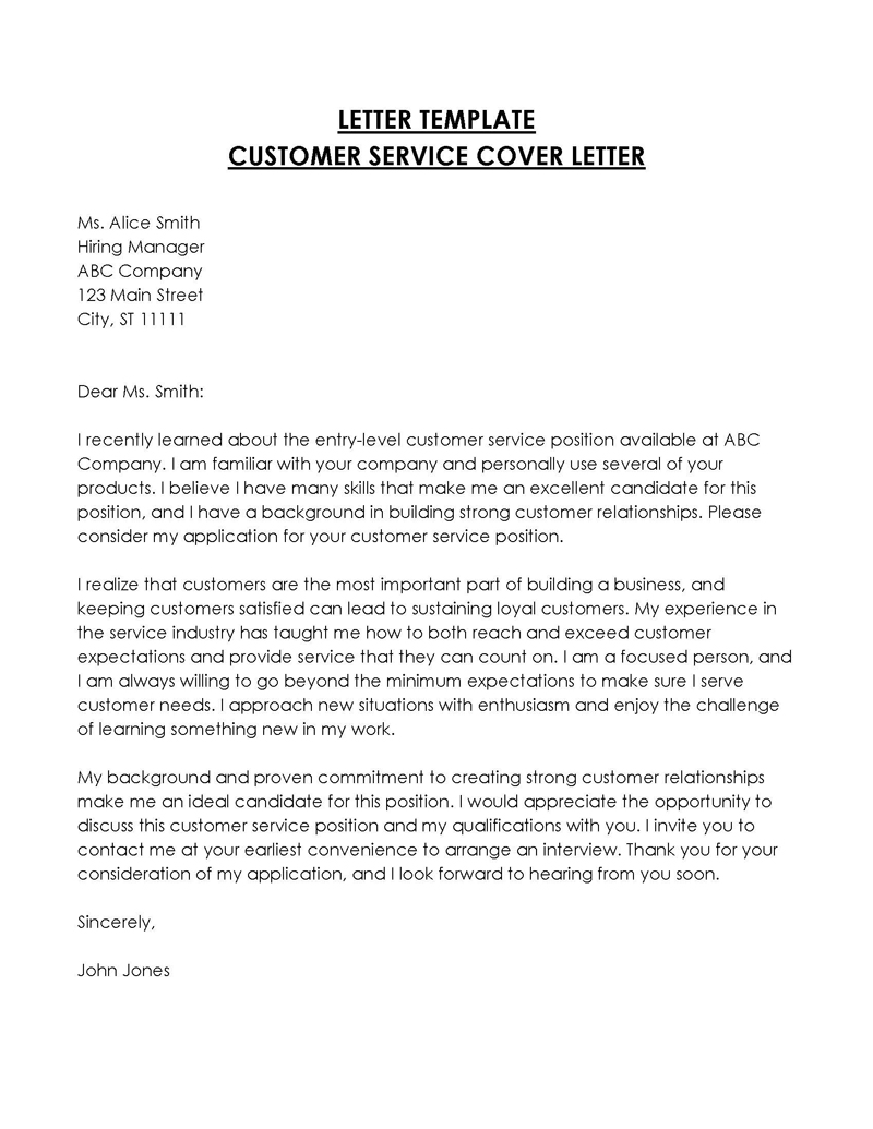 Free Downloadable Entry Level Customer Service Cover Letter Sample as Word Document