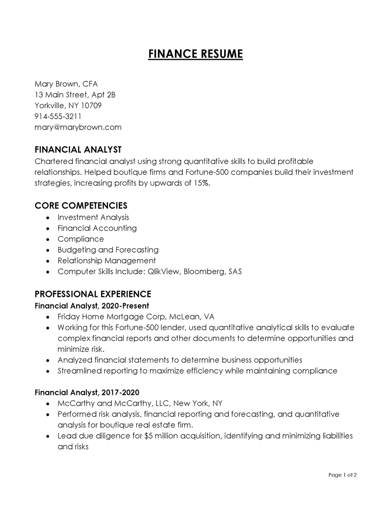 Great Professional Financial Analyst Resume Sample 01 for Word Format