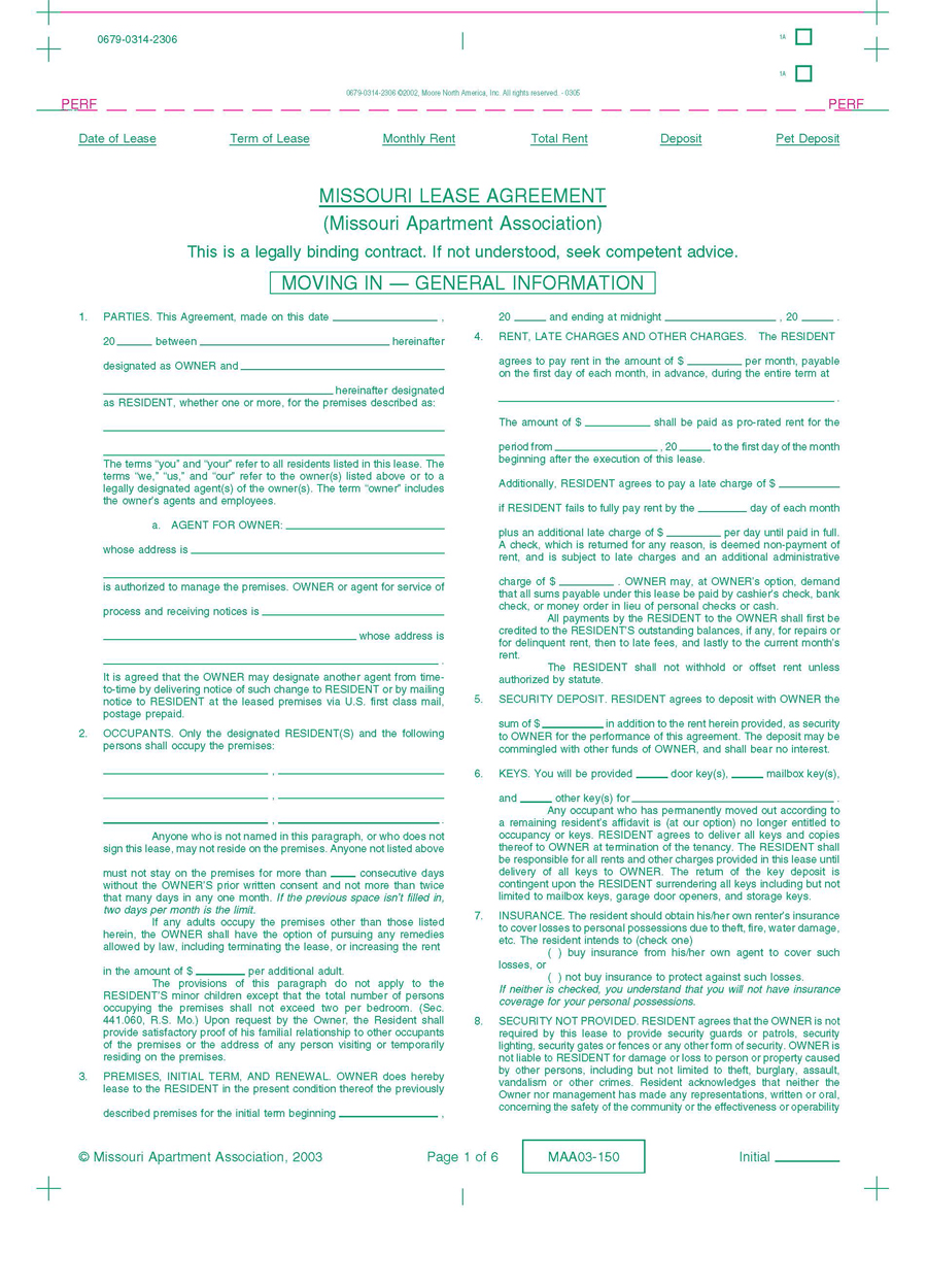 Free Editable Missouri Apartment Association Lease Agreement Template as Pdf File