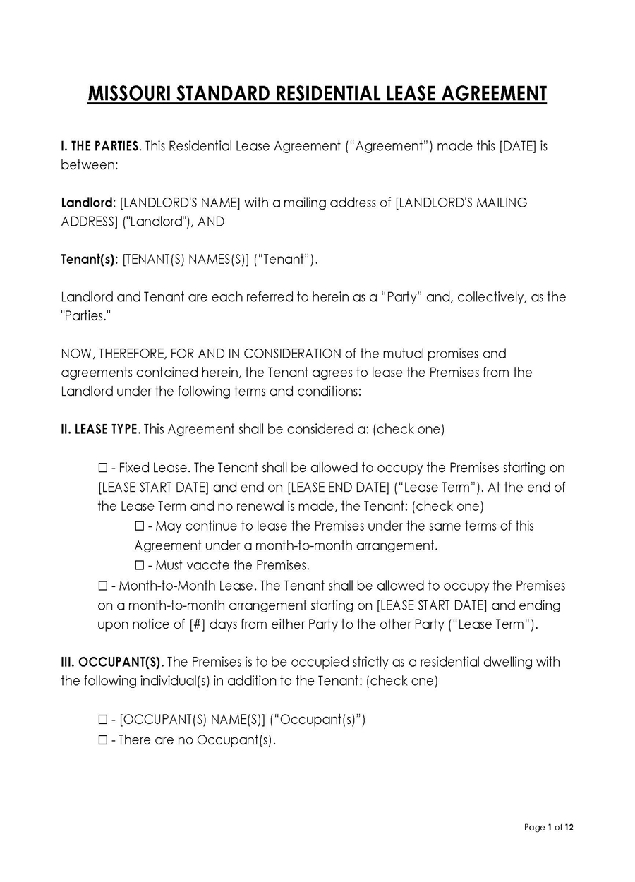 Great Printable Missouri Standard Lease Agreement Template as Word Document