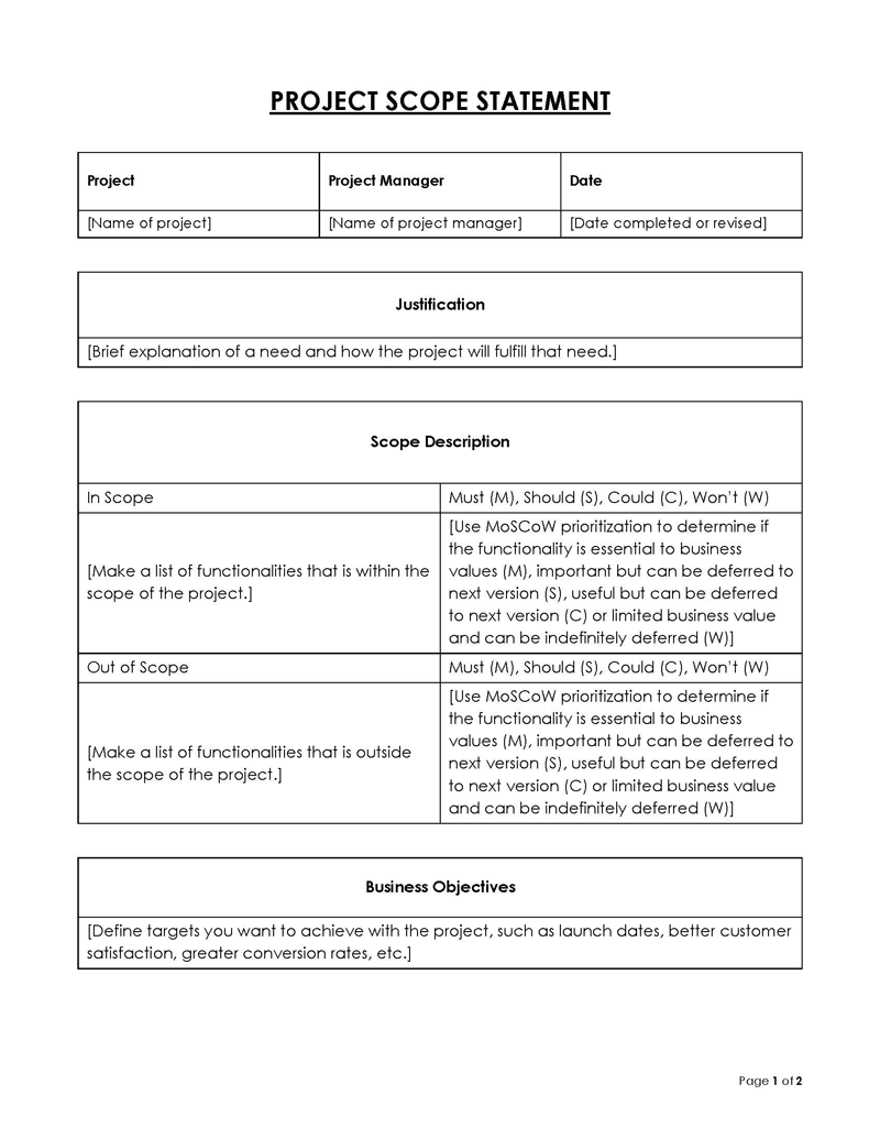 Great Professional Project Scope Statement Template 15 for Word Format