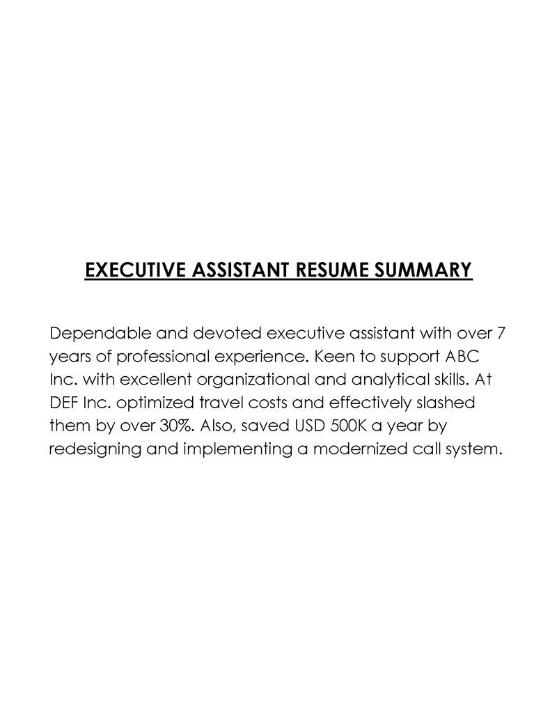 Free Customizable Executive Assistant Resume Summary Sample 02 for Word Format