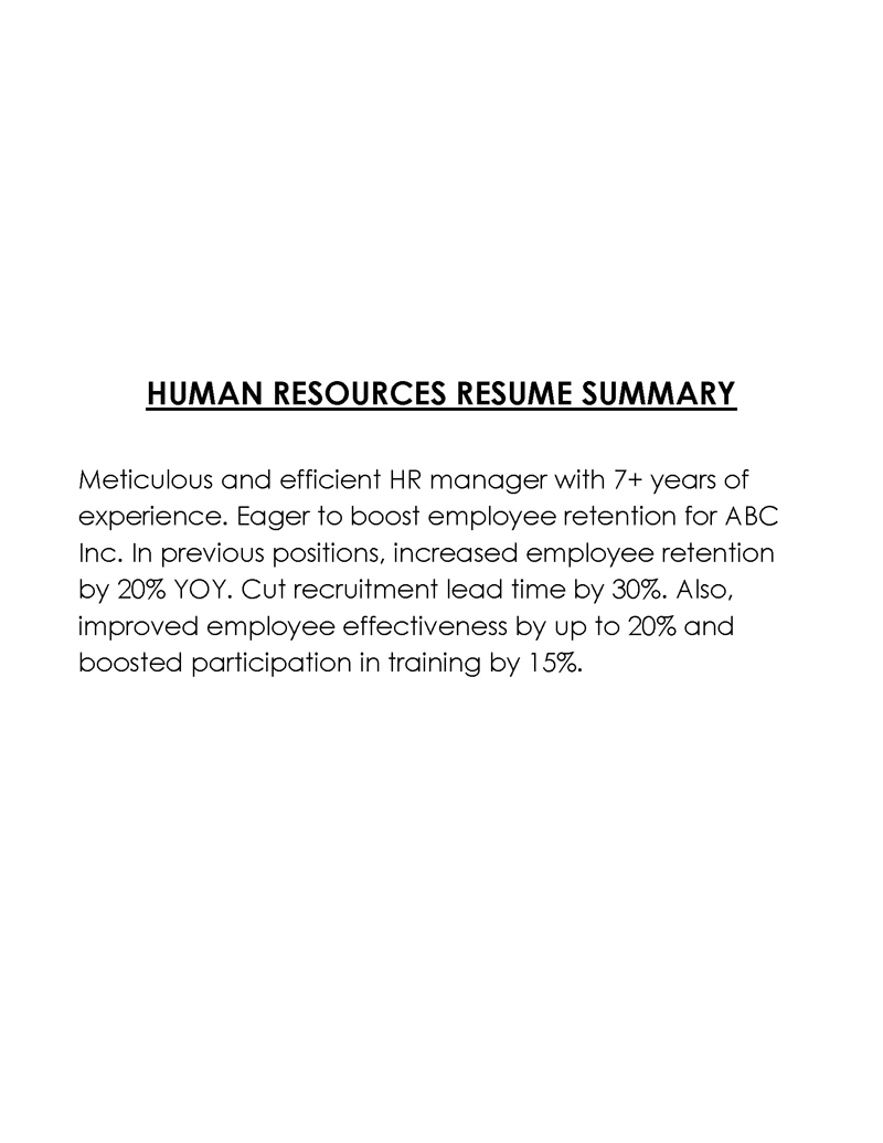 Free Printable Human Resources Resume Summary Sample for Word Format