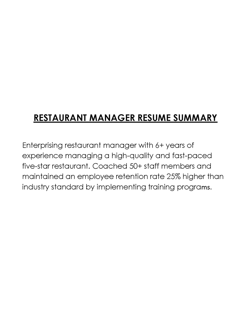 Professional Printable Restaurant Manager Resume Summary Sample 02 for Word Document