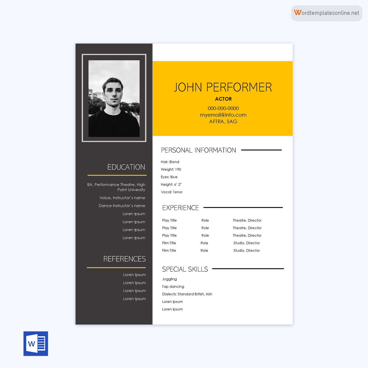 Editable Acting Resume Template 09 for Word